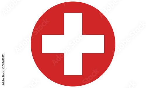 Bright white medical cross symbol centered perfectly inside a bold red circular badge against a clean solid white background surface