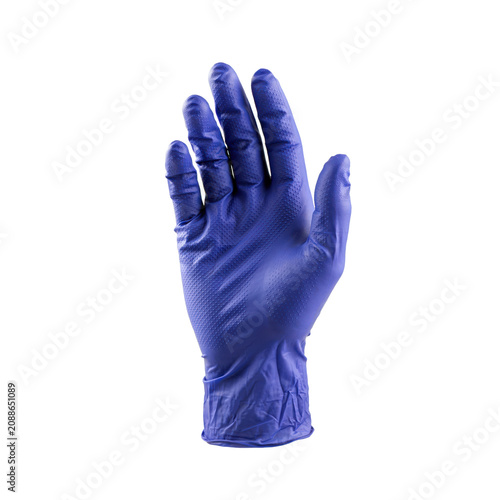 A single blue nitrile rubber glove with a textured surface for improved grip, isolated on a white background, for medical or, laboratory usage