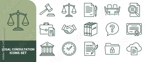 Canvastavla Legal consultation icon set featuring outline symbols of gavel, scales of justic