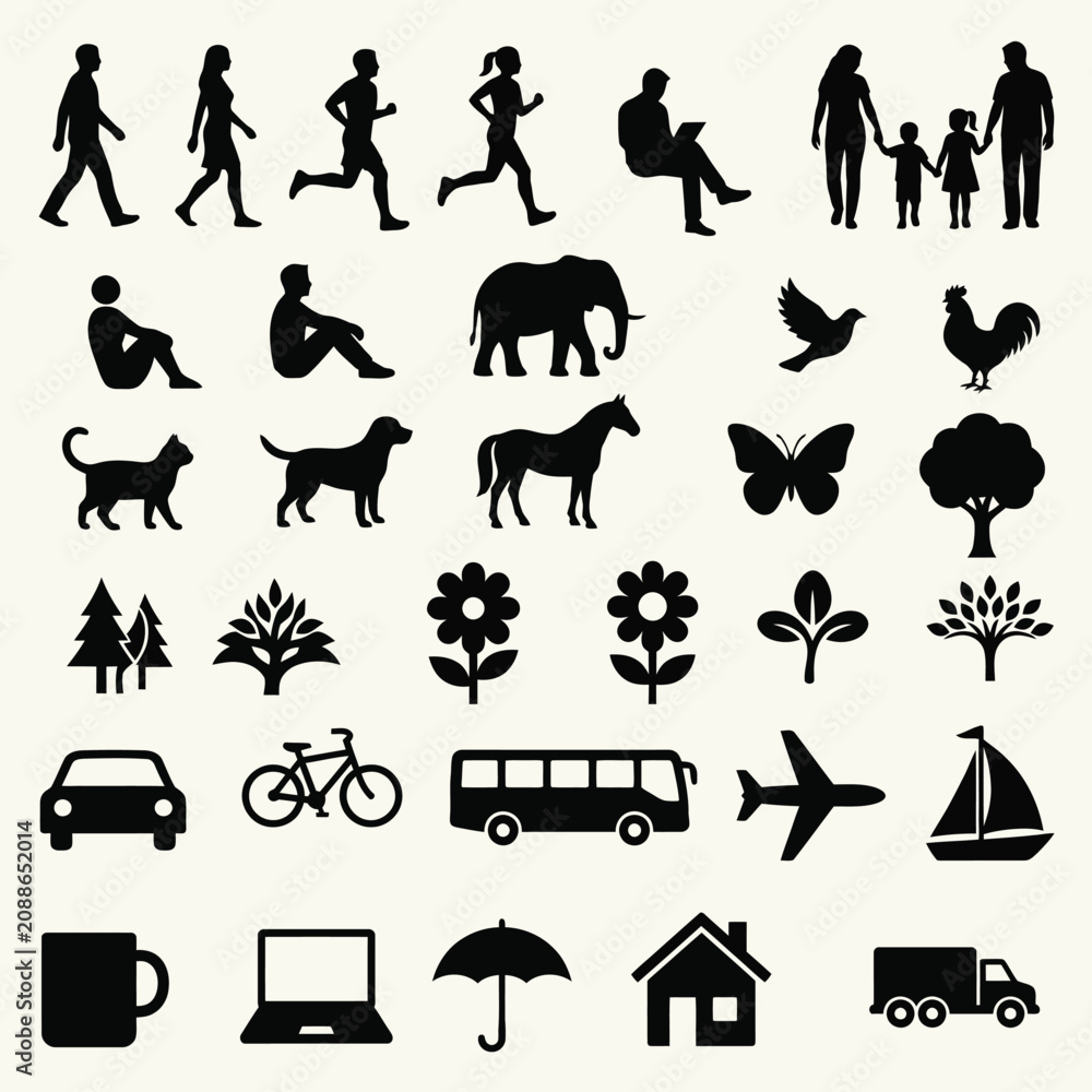 Fototapeta premium Collection of diverse black silhouette icons representing people animals nature and objects for use in various designs and applications.