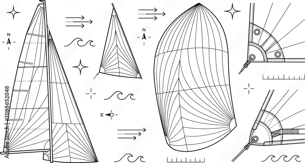 Φωτογραφία Sailboat sail and nautical blueprint vector collection featuring yacht canvas de