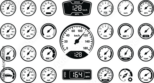 collection of various car speedometer and dashboard gauges icons on white background
