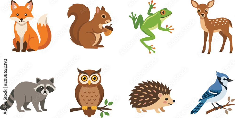 Fototapeta premium Cute cartoon woodland animals and forest wildlife vector illustration collection isolated on white background