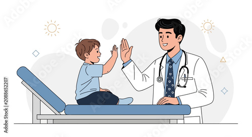 Doctor and child giving a high five on examination table, symbolizing trust and positive healthcare experience.