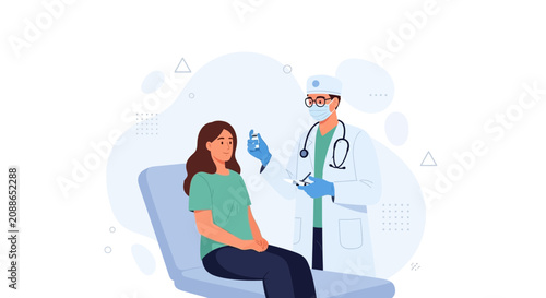Doctor administering injection to patient in modern flat illustration style