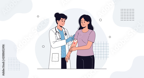 Doctor Administering Vaccine to Patient with Band-Aid in Modern Flat Illustration Style