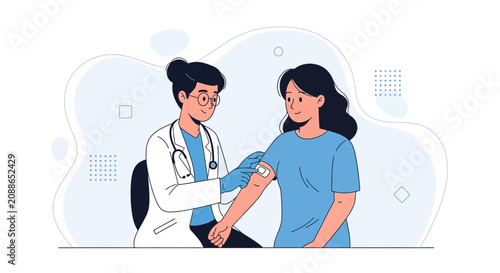 Doctor administering vaccine to patient, healthcare, vaccination concept, flat vector illustration