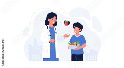 Doctor Advises Boy on Healthy Eating with Fruits and Vegetables, Vector Illustration