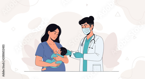 Doctor Advises Mother on Breastfeeding, Healthcare and Childcare Concept Illustration
