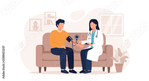 Doctor checking patient's blood pressure with a sphygmomanometer on a couch at home or clinic, modern flat illustration