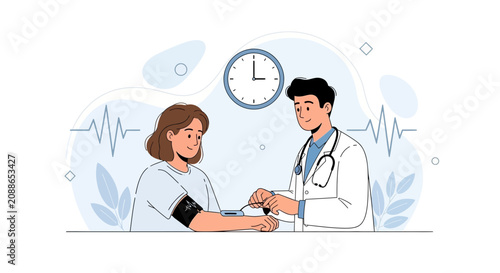 Doctor checking patient's blood pressure with sphygmomanometer, modern flat illustration with medical symbols.