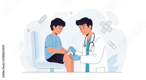 Doctor applying bandage to child's knee in a clean, modern, flat illustration style