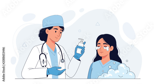 Doctor applying cream to a patient's eyes for treatment, cosmetic procedure illustration