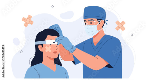 Doctor Applying Eyepatch to Patient with Bandages, Medical Care Concept Vector Illustration