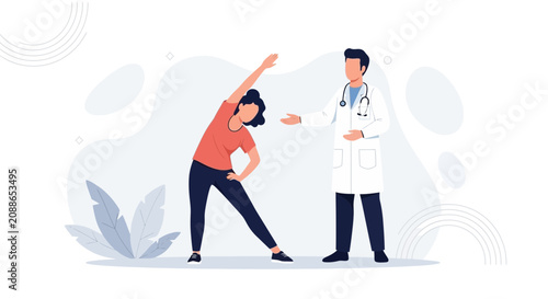 Doctor assisting patient with physical therapy and exercise for recovery and rehabilitation