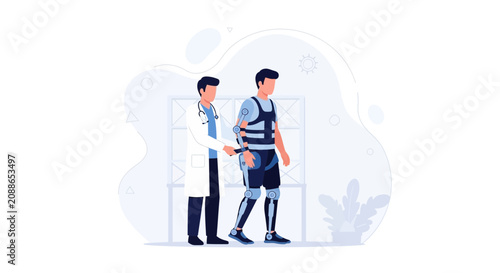 Doctor assisting patient in advanced exoskeleton suit for rehabilitation and mobility support, futuristic healthcare technology
