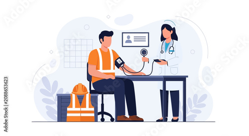 Doctor checking blood pressure of construction worker in modern flat illustration style, health check-up concept
