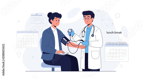 Doctor checking blood pressure on patient, healthcare concept, modern flat illustration style