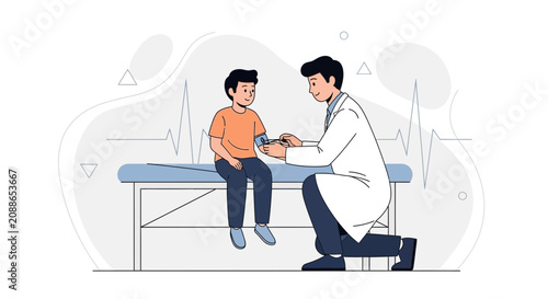 Doctor checking child's blood pressure during medical checkup, vector illustration