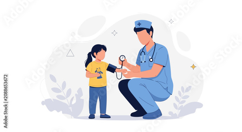 Doctor Checking Child's Blood Pressure with Stethoscope and Sphygmomanometer, Healthcare Concept