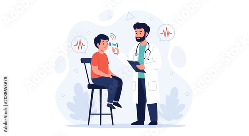 Doctor checking child's temperature with infrared thermometer, medical checkup concept illustration.