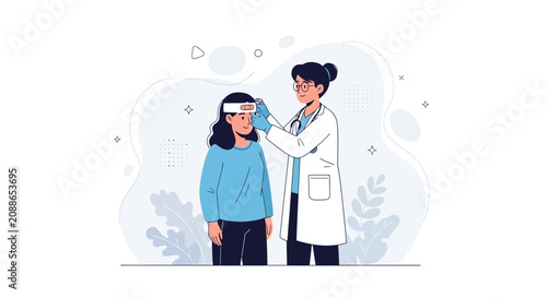 Doctor checking child's temperature with thermometer, healthcare concept vector illustration