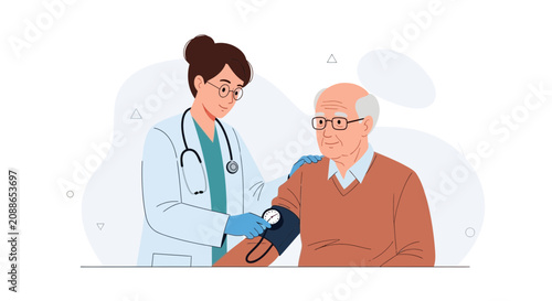 Doctor checking elderly patient's blood pressure, healthcare concept, vector illustration