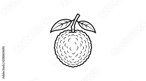 Billede på lærred A detailed illustration of a single lychee fruit with leaves on a stem