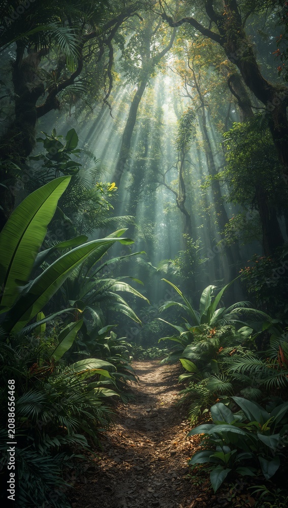 Naklejka premium Lush tropical rainforest pathway illuminated by dramatic sun rays filtering through dense jungle foliage, creating a serene and mysterious nature scene.