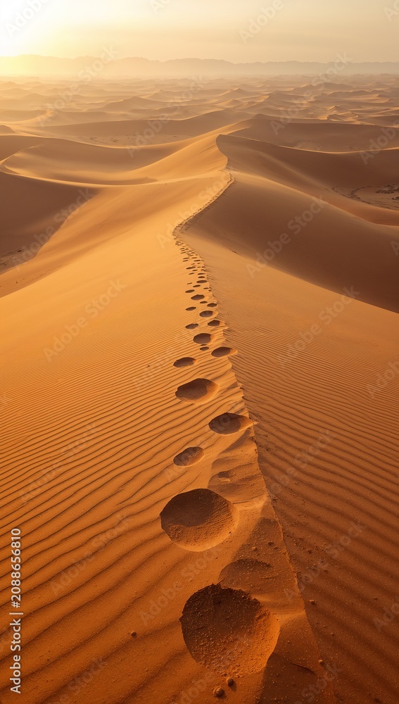 Naklejka premium Footprints leading across golden sand dunes in a vast desert at sunrise, creating a dramatic landscape that symbolizes adventure, solitude and exploration.