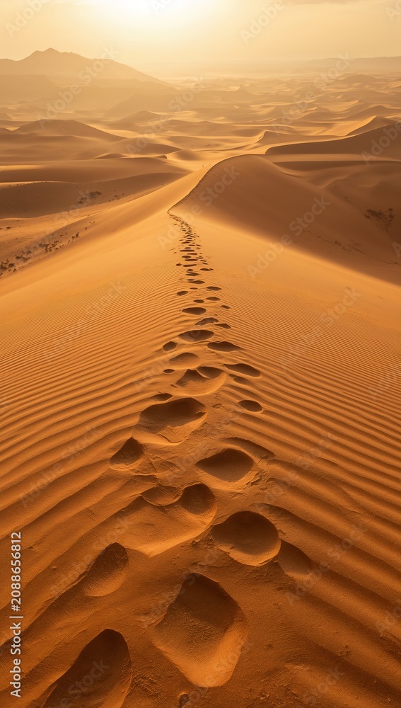 Naklejka premium Footprints leading across golden sand dunes in a vast desert at sunrise, creating a dramatic landscape that symbolizes adventure, solitude and exploration.