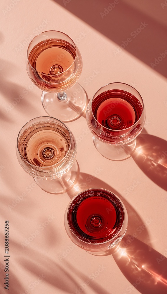 Obraz premium Four glasses of red, white, and rosé wine arranged on a pastel pink background with elegant sunlight shadows, creating a sophisticated tasting and celebration concept.