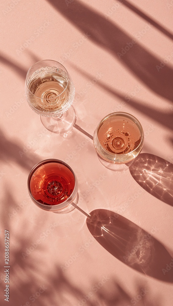Obraz premium Elegant assortment of red, white, and rosé wine glasses with artistic sunlight shadows on a pastel background, creating a refined tasting and celebration concept.