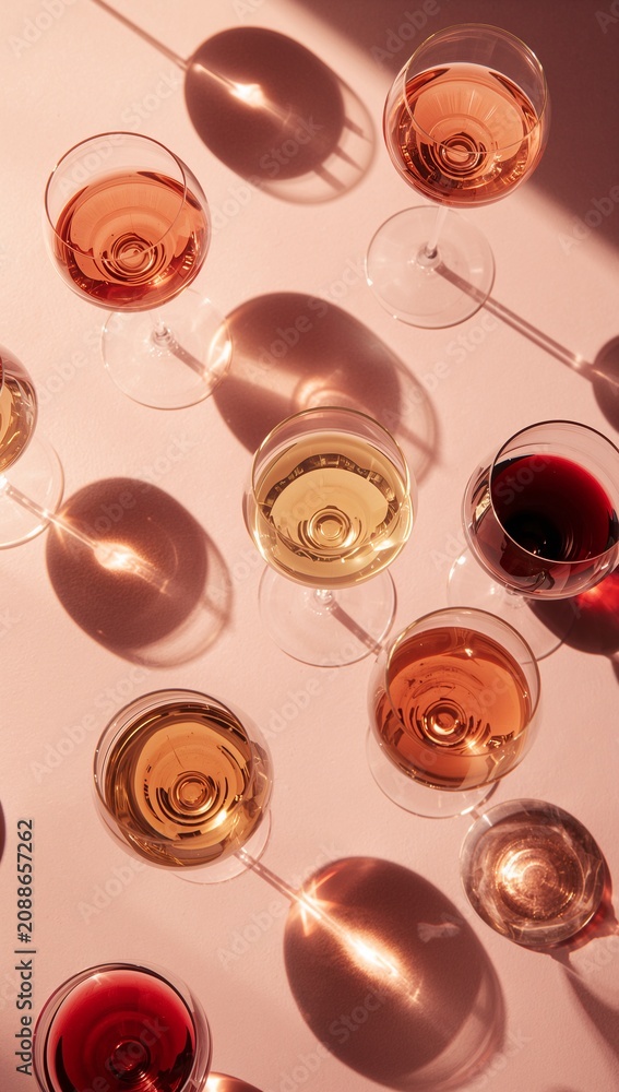 Obraz premium Elegant assortment of red, white, and rosé wine glasses with artistic sunlight shadows on a pastel background, creating a refined tasting and celebration concept.