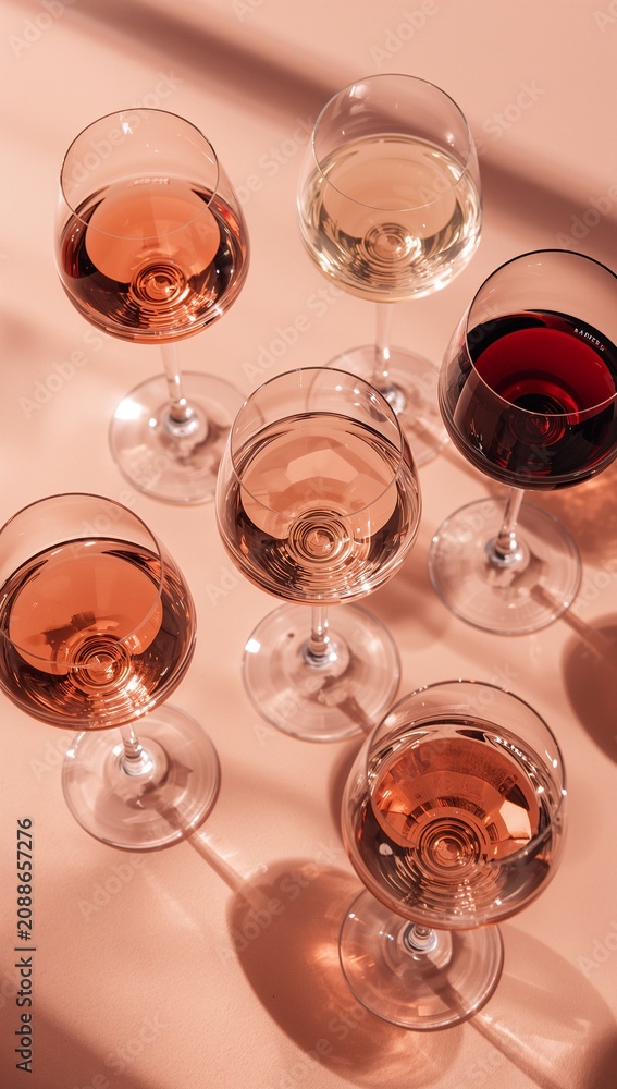 Obraz premium Elegant assortment of red, white, and rosé wine glasses with artistic sunlight shadows on a pastel background, creating a refined tasting and celebration concept.