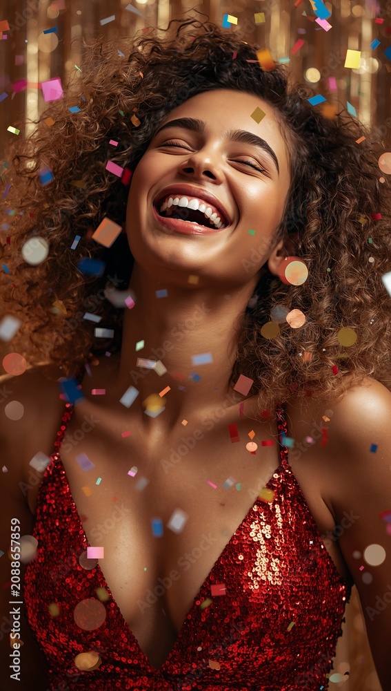 Fototapeta premium Joyful woman celebrating with colorful confetti while wearing a sparkling red sequin dress against a festive party background.