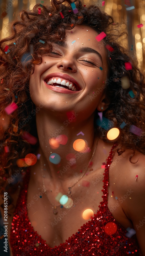 Fototapeta premium Joyful woman celebrating with colorful confetti while wearing a sparkling red sequin dress against a festive party background.