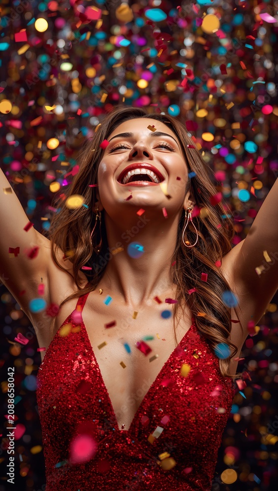 Fototapeta premium Joyful woman celebrating with colorful confetti while wearing a sparkling red sequin dress against a festive party background.
