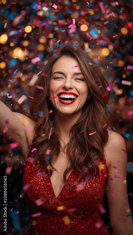 Fototapeta premium Joyful woman celebrating with colorful confetti while wearing a sparkling red sequin dress against a festive party background.