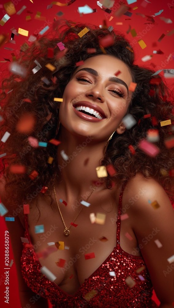 Fototapeta premium Smiling glamorous woman celebrating with colorful confetti in a sparkling red sequin dress against a vibrant red festive background.