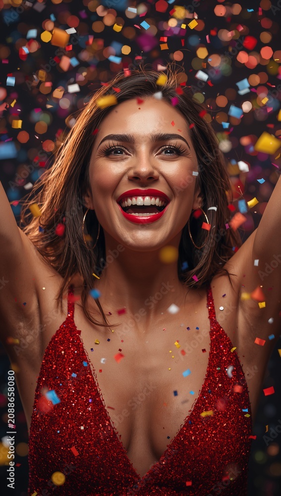 Fototapeta premium Smiling glamorous woman celebrating with colorful confetti in a sparkling red sequin dress against a vibrant red festive background.