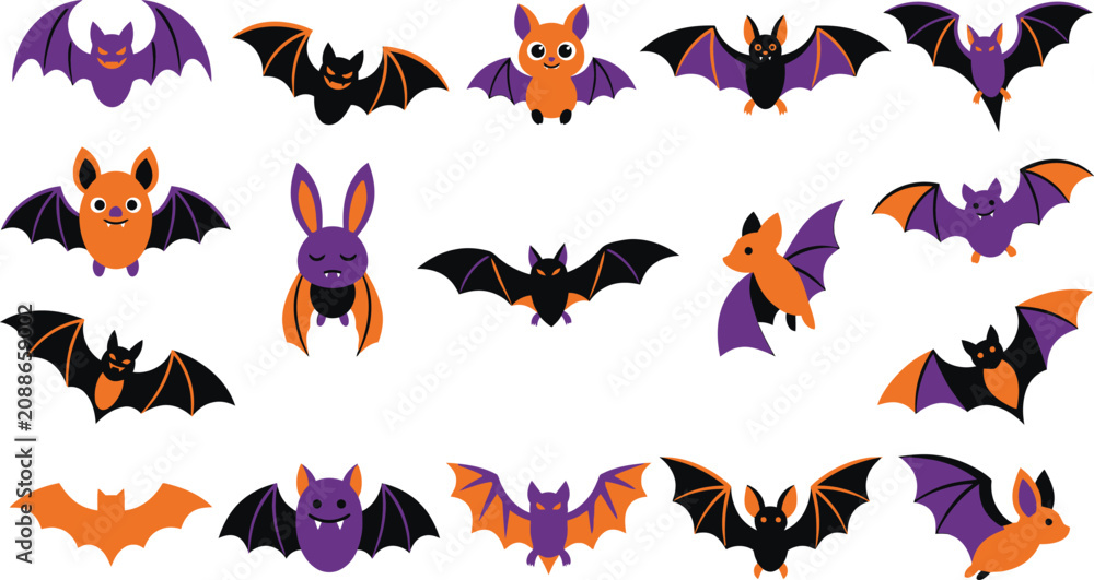 Obraz premium Halloween day bat characters orange and purple cartoon vector set