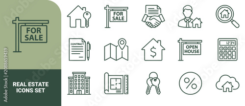 Принти на полотні Real estate icon set featuring line of houses, for sale signs, contracts, keys,