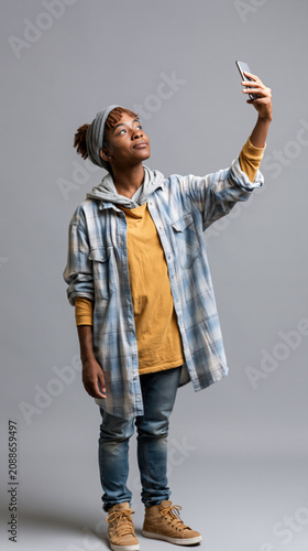 African american woman, holding her phone and taking a selfie in casual clothes