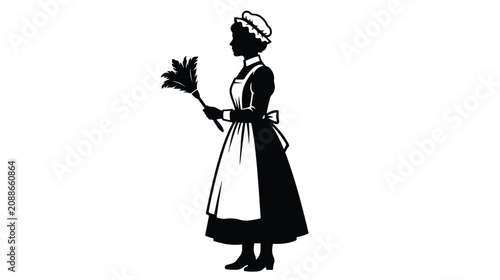Konstfotografi Vintage maid silhouette holding a feather duster, classic housekeeper in apron a