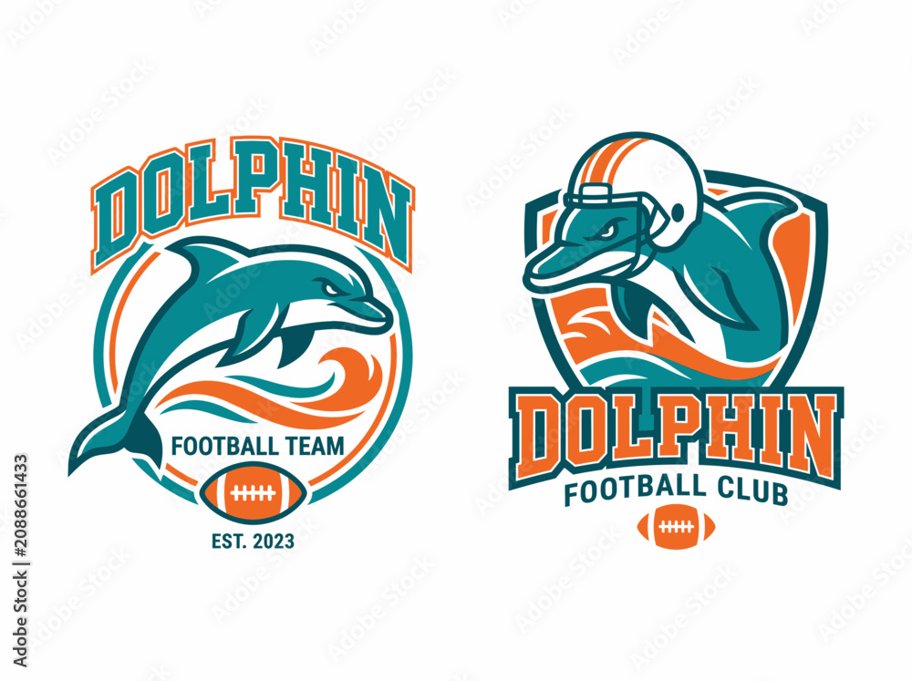 Obraz premium Dolphin football team logo set, mascot design for sports club