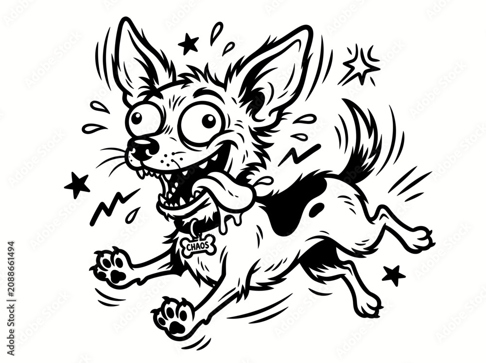 Obraz premium Crazy cartoon chihuahua dog running with a chaos tag