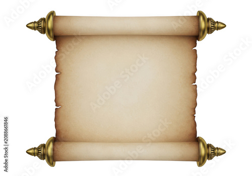 Vintage ancient paper scroll with golden ornate finials isolated on transparent background.