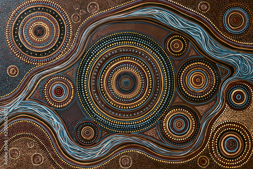 Traditional Australian Aboriginal dot art painting of a sacred waterhole and gathering place