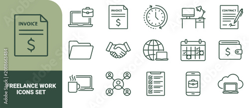 Bild auf Leinwand Set of dark green line icons representing freelance work, including invoice, lap